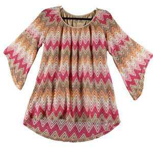 Tacera Blouse Women's 1X Pink Orange Flutter Sleeve Artsy Boho Zig Zag Earthtone